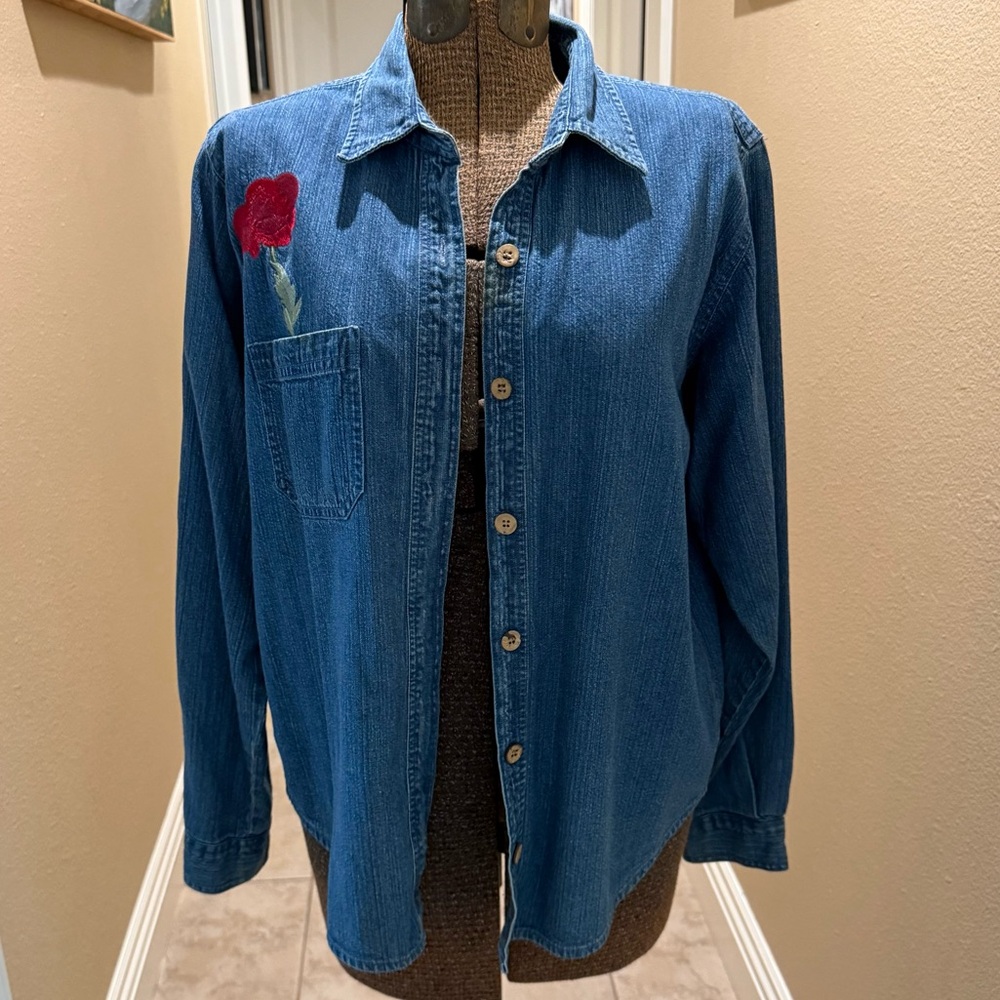 Coldwater Creek Blue Denim Button-Down Shirt with Red Rose Embroidery